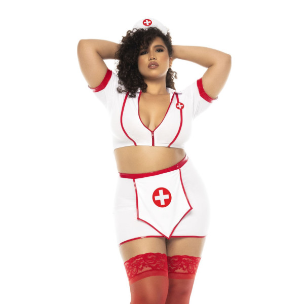 Costume infirmière 3 pièces grande taille, top avec zip fonctionnel, jupe et serre tête 